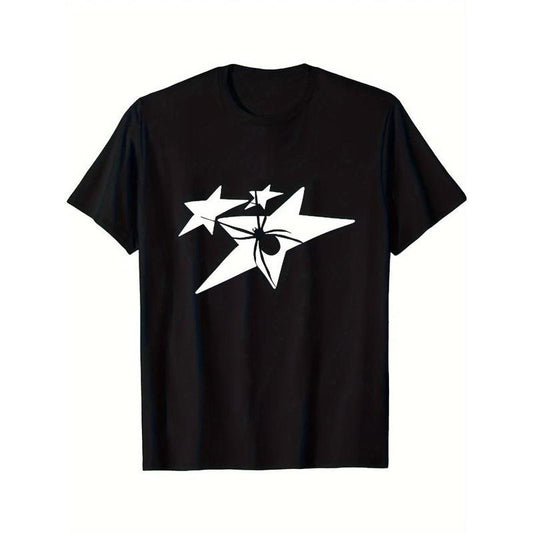 Star pattern printed T-shirt men's casual style summer and autumn slightly elastic round neck T-shirt Made in USA