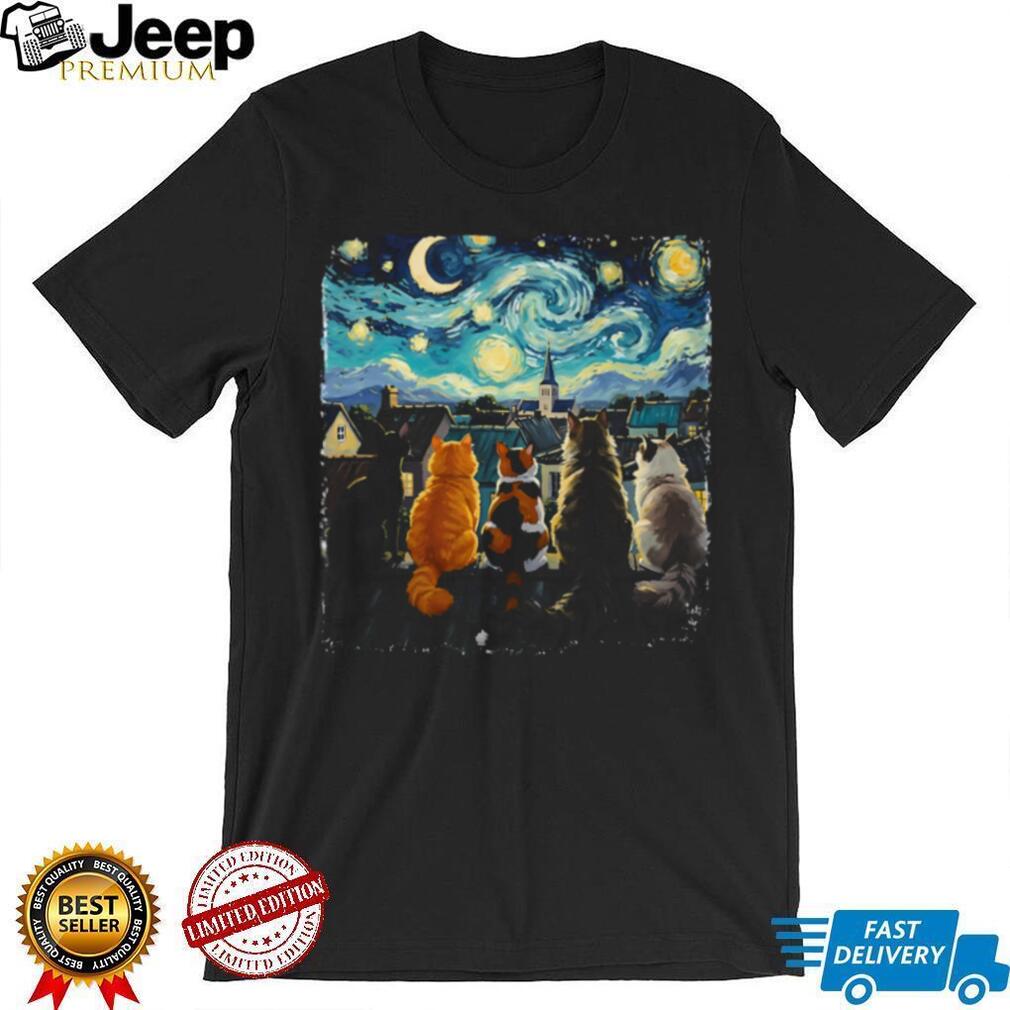 Starry Night Cats On A Roof Van Gogh Art Parody Feline T Shirt