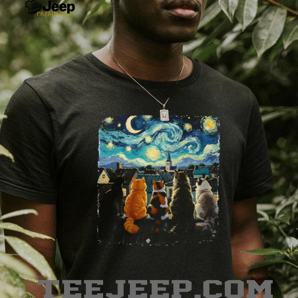 Starry Night Cats On A Roof Van Gogh Art Parody Feline T Shirt