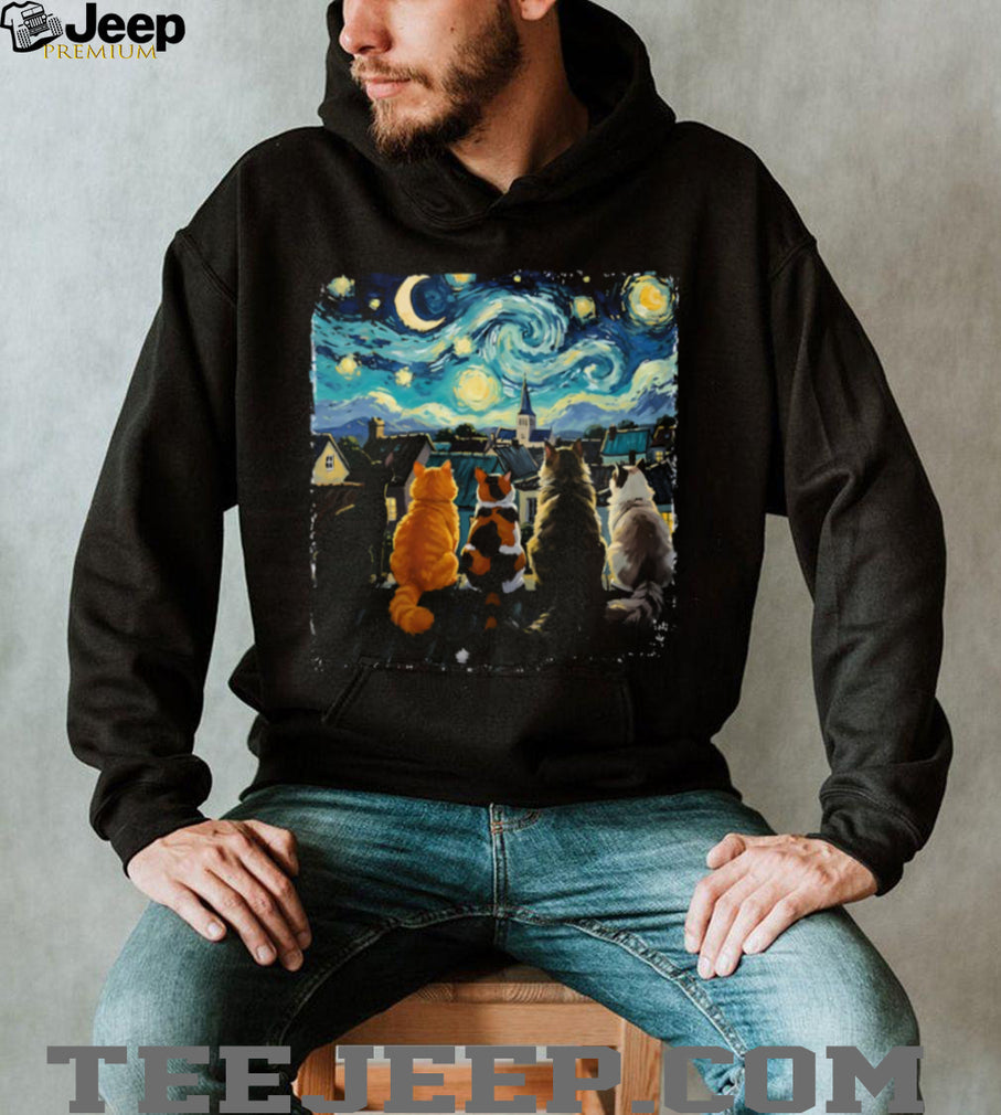 Starry Night Cats On A Roof Van Gogh Art Parody Feline T Shirt