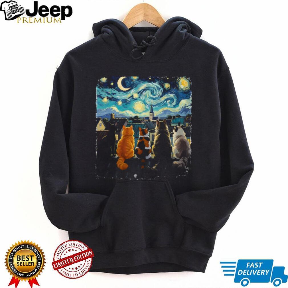 Starry Night Cats On A Roof Van Gogh Art Parody Feline T Shirt