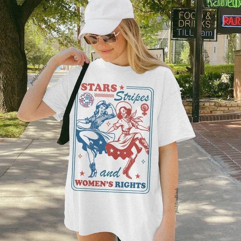 Stars stripes and women's rights | reproductive rights | pro roe v wade shirt | social democrat | leftist | vote banned books | feminist |