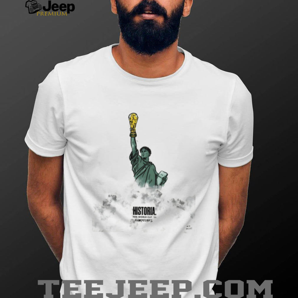 Statue of Liberty Lamine Yamal holding Trophy Spain Soccer World Cup 2026 Historia Campeones shirt