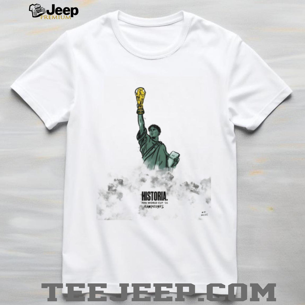 Statue of Liberty Lamine Yamal holding Trophy Spain Soccer World Cup 2026 Historia Campeones shirt