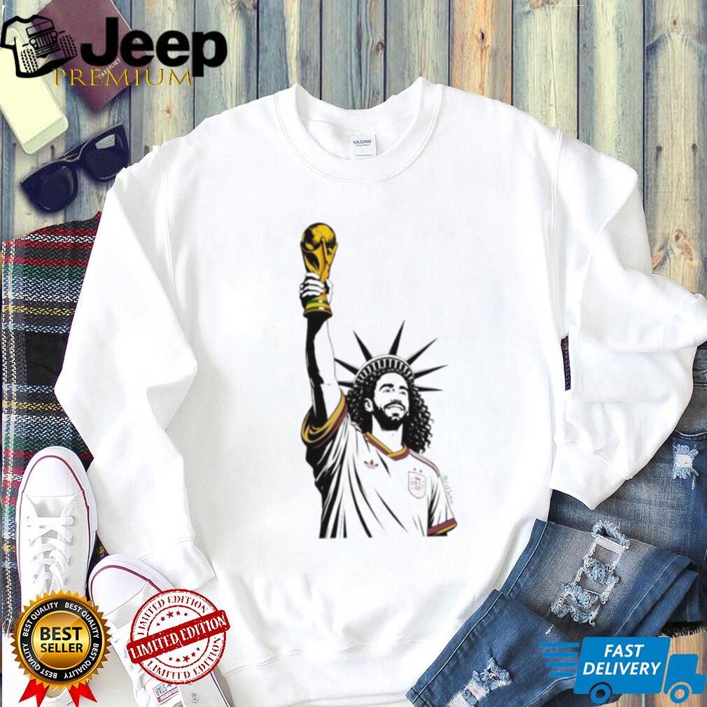 Statue of Liberty Marc Cucurella holding Trophy Spain Soccer World Cup 2026 victory shirt