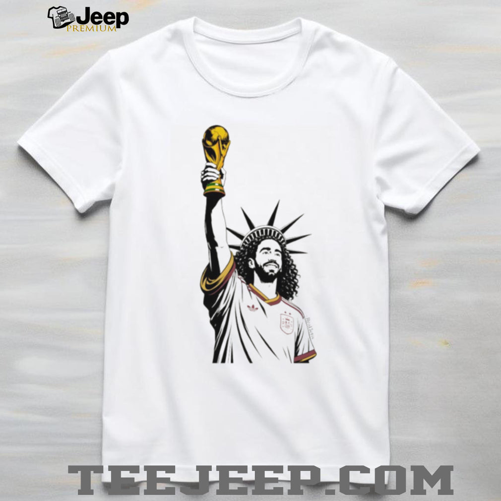 Statue of Liberty Marc Cucurella holding Trophy Spain Soccer World Cup 2026 victory shirt