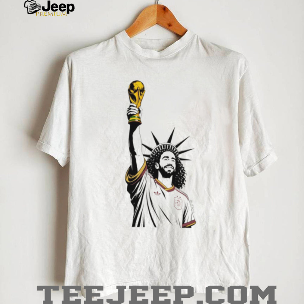 Statue of Liberty Marc Cucurella holding Trophy Spain Soccer World Cup 2026 victory shirt