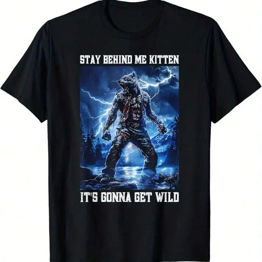 Stay Behind Me Kitten Crying Werewolf Meme Crying Alpha Wolf Vintage Graphic T-Shirt, Short Sleeve T-Shirts ,funny graphic tees, Menswear Top
