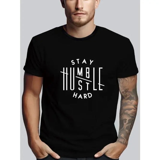 Stay Humble Hustle Hard Print Tee Shirt, Tees For Men, Casual Short Sleeve T-shirt For Summer Made in USA
