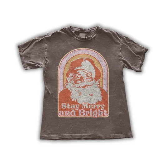 Stay Merry and Bright Santa T-Shirt - Retro Christmas Graphic Tee - Retro Santa Claus Holiday Shirt - Festive Holiday Distressed Tee