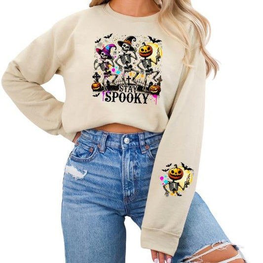 Stay Spooky Oversized Crewneck Sweatshirt - Full Front & Sleeve Graphic, Unisex Sizing Small-5X, Retro-Inspired Halloween Vibes, Bright Colors, Dancing Skeletons, Playful & Fun Vintage Style Long Sleeve