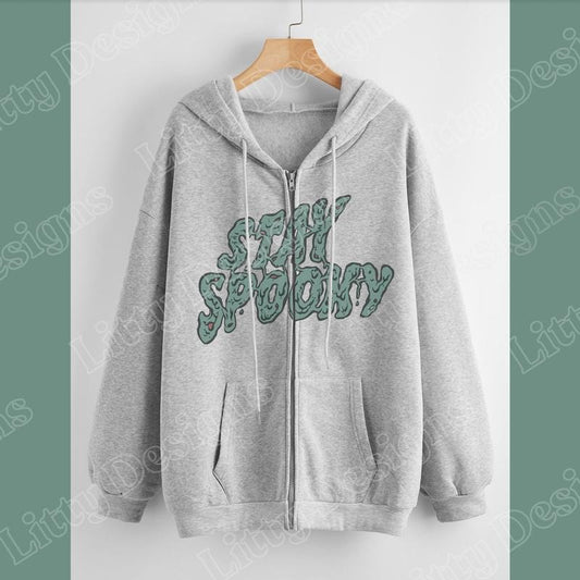 Stay Spooky Trendy Halloween Zip Up Hoodie, Unisex with Two Color Options, Grey Halloween Hoodie, Oversize Zombie Sweatshirt for Halloween