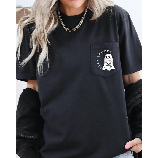 Stay Spooky, Ghost, Cute, Halloween Pocket Tee, Women's, Comfort Colors Tee, Spooky, Tshirt, Witch, Pumpkin, Ghost, Skeleton