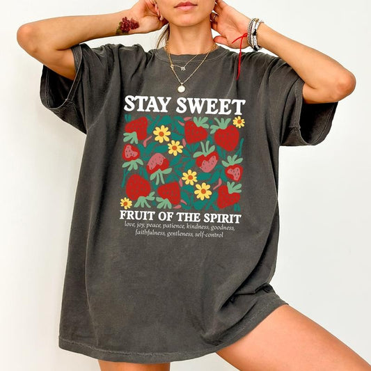 Stay Sweet Comfort Colors Shirt, Fruits of the Spirit T-shirt, Boho Christian Strawberry Graphic Tee, Inspirational Christian Clothing, Positive Shirt