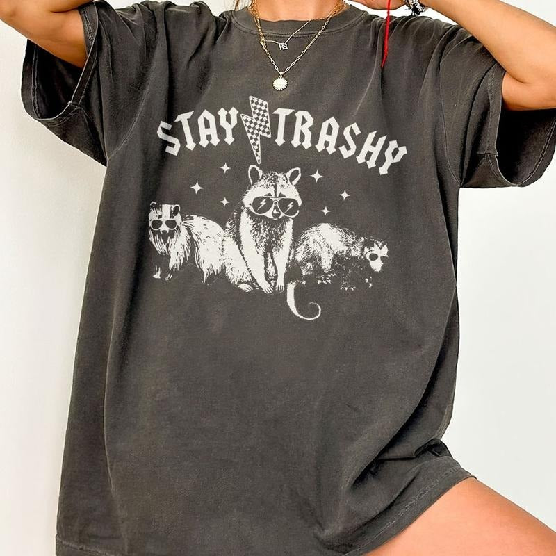 Stay Trashy Raccoon Graphic T-Shirt, Retro Unisex Adult T Shirt, Vintage Raccoon T-Shirt, Nostalgia Shirt, Relaxed Cotton Tees, Funny Raccoon Lover Tee, Support Street Cats Shirt, Funny Comfort Women Top