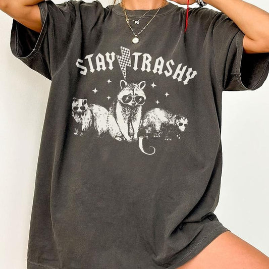 Stay Trashy Raccoon Graphic T-Shirt, Retro Unisex Adult T Shirt, Vintage Raccoon T-Shirt, Nostalgia Shirt, Relaxed Cotton Tees, Funny Raccoon Lover Tee, Support Street Cats Shirt, Funny Comfort Women Top