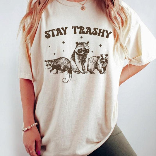 Stay Trashy Raccoon Graphic T-Shirt, Retro Unisex Adult T Shirt, Vintage Raccoon T-Shirt, Nostalgia Shirt, Relaxed Cotton Tees, Raccoon Lover Tee, Street Cats Shirt, Comfort Women Top