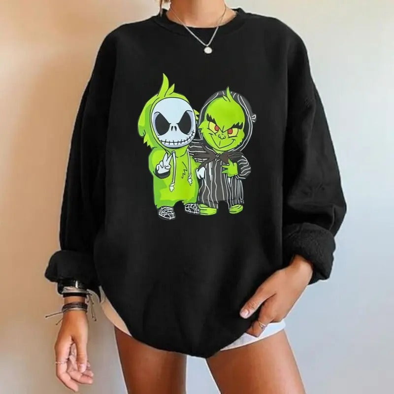 Stay cozy this winter season with the Jackk and Griinhh Hoodie in black, Giinchh and Jack Skelliington Hoodie Graphic Unisex Hoodie, Full Color Hoodie