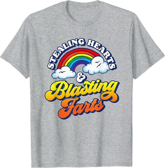 Stealing Hearts & Blasting Farts Funny Rainbow Valentines T-Shirt | Unisex Cotton Tee, Size S-5XL