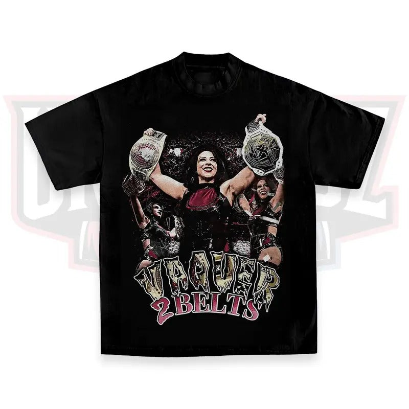 Stephanie Vaquer - Vaquer 2 Belts T-Shirt, Vaquer WWE Fans Shirt, Vaquer Wrestling Tee, Unisex Graphic For WWE Fans Clothing, WWE Tee, Menswear Cotton Crewneck Clothes Top Apparel