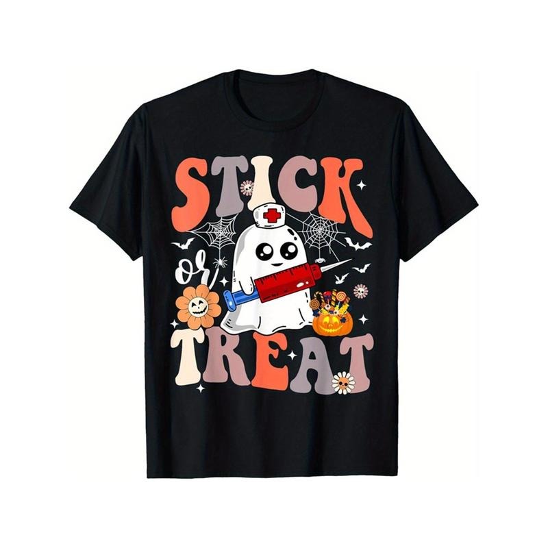 Stick Or Treat Ghost Nurse Halloween CRNA Emergency ER Nurse T-Shirt for Men Women, Unsex Soft Fabric, Breathable, Comfortable Black Short Sleeve Tees Perfect for Autumn, Must-have Fashionable Tee Made in USA
