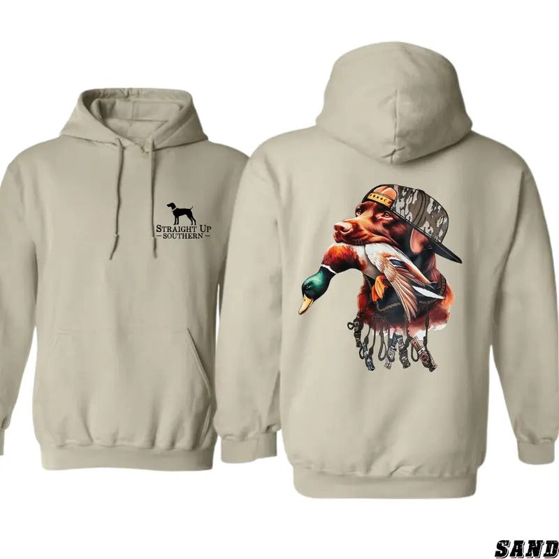 Straight Up Southern Hoodie - Bold Brown Hunting Dog with Duck Graphic, Unisex Casual Sweatshirt for Outdoor and Waterfowl Hunters