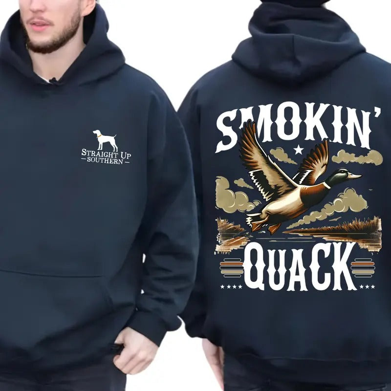 Straight Up Southern T-shirt Sweatshirt Hoodie, Classic Duck Hunting Design Featuring Bold 'Smokin' Quack' Graphics, camo country hoodies, Perfect for Waterfowl Hunters and Outdoor Enthusiasts