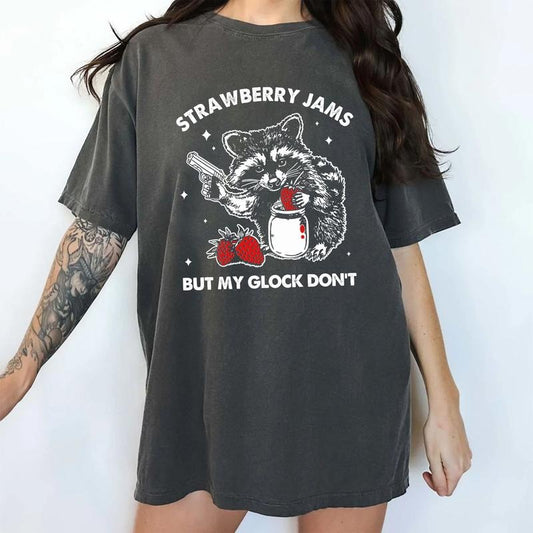 Strawberry Jams Raccoon Shirt, Funny Raccoon Meme Tee, Vintage Trash Panda Shirt, Mental Health Shirt, Funny Saying Graphic Printed Tee, Anxiety Sarcastic Unhinged Unisex Tees, Oversized Women's Tops, Casual Womenswear, Comfort Cotton Fabric Relaxed Top