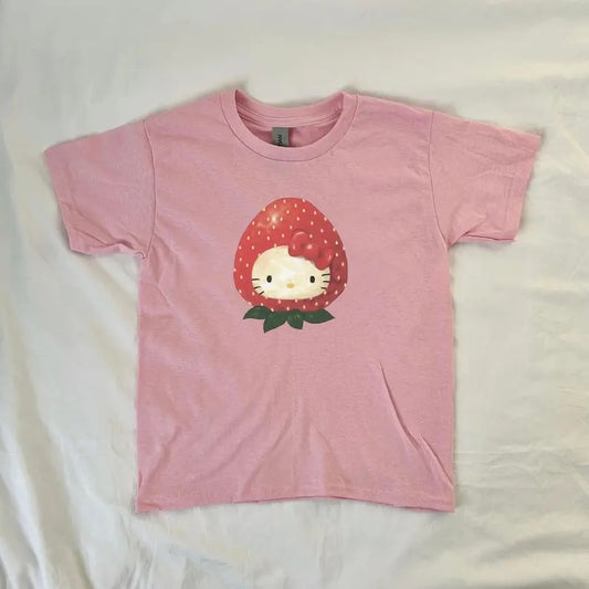 Strawberry Kitty Baby Tee, vintage style, y2k clothing, 90s style baby tee, ahs style, streetwear, coquette, soft girl, sanrio fan