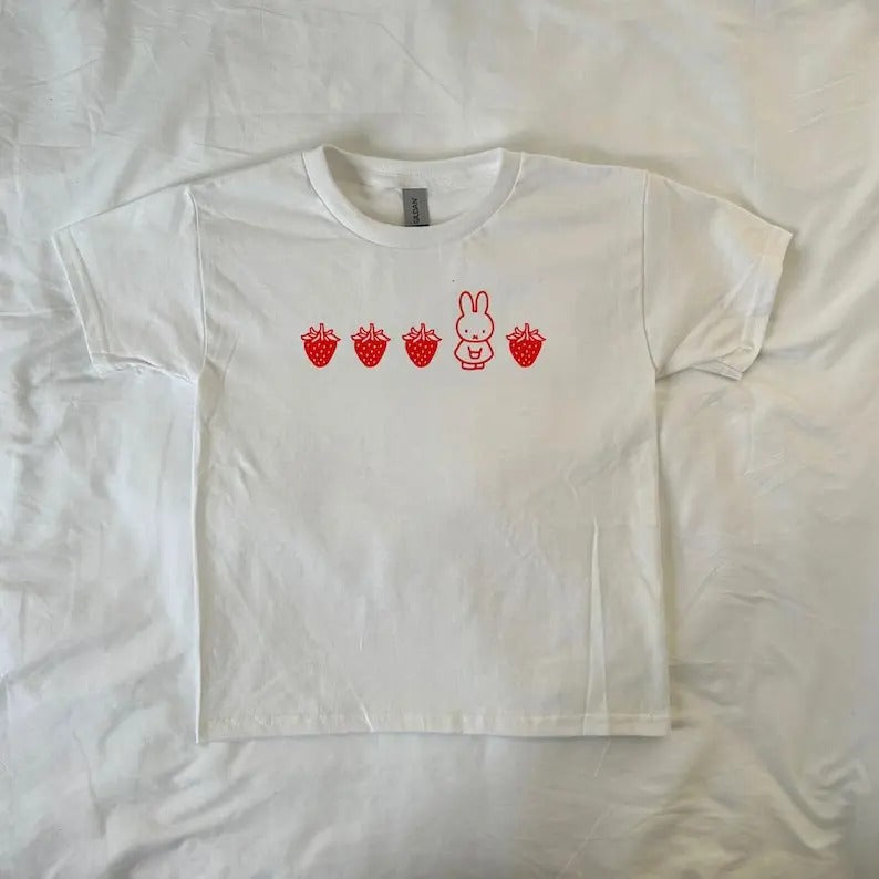 Strawberry bunny Baby Tee, soft girl , y2k, Pinterest ,vintage cartoon, preppy, cute bunny, kawaii, Harajuku Fashion, Coquette