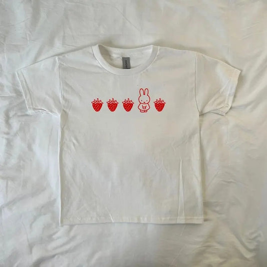 Strawberry bunny Baby Tee, soft girl , y2k, Pinterest ,vintage cartoon, preppy, cute bunny, kawaii, Harajuku Fashion, Coquette
