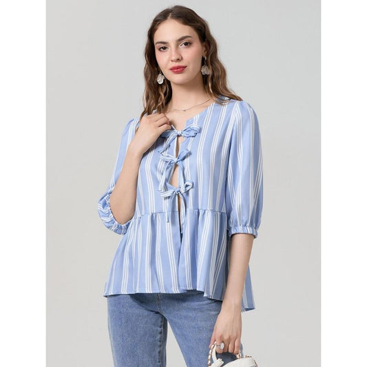 Women's Spring Summer Casual Shirts 3/4 Sleeve O Neck Solid Color/Striped Blouse Polyester Top Light Womenswear Hoodie,...