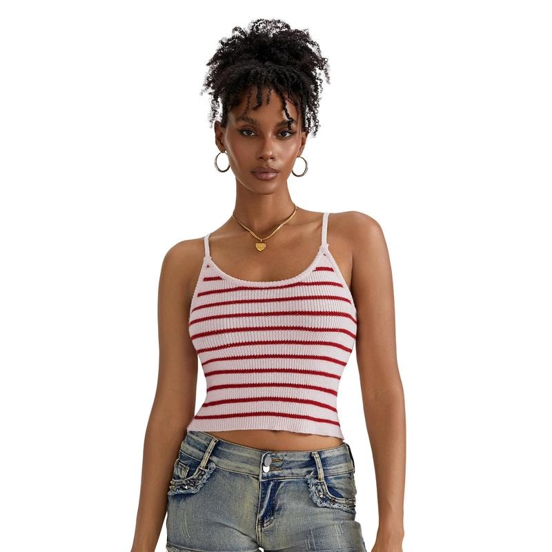 Women Camisole, Spaghetti Straps Solid/Striped Tops Slim Fit Summer Knit Top Clubwear Sleeveless Comfort