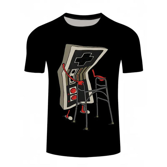 Stylish Cartoon Gamepad Print Crew Neck T-Shirt - Soft, Slight Stretch Polyester Fabric, Short Sleeve, Regular Fit, Hand Washable - Perfect for Teen Boys Summer Weekend Casual Street Wear Made in USA