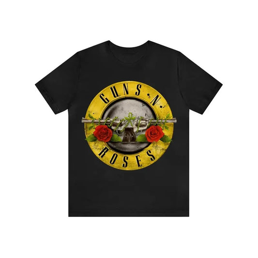 Stylish GUN & ROSES Pattern Crew Neck Short Sleeve T-Shirt - Soft Cotton, Slight Stretch, Regular Fit, Machine Washable