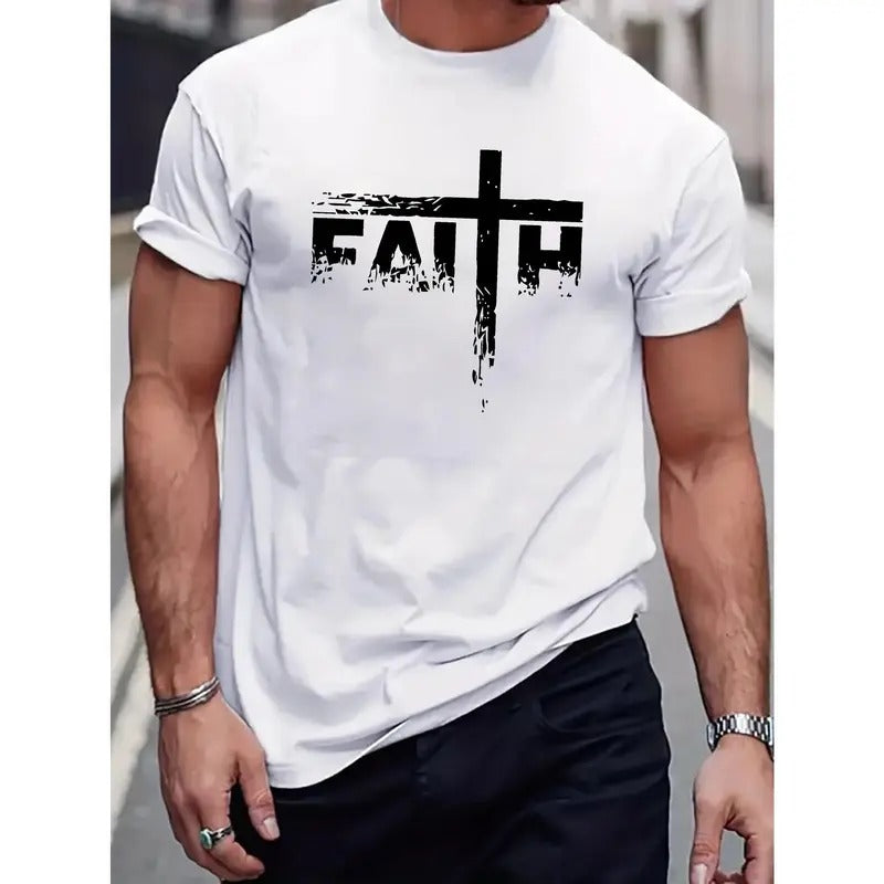 Stylish Graphic Print Tee - Men's Casual Short Sleeve T-Shirts for Summer - Vibrant Faith Design, Breathable Fabric, Relaxed Fit, Perfect for Outdoor Activities Made in USA