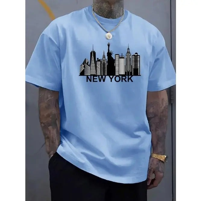 Stylish New York City Graphic Tee - Men's Street Style T-Shirts - Polyester Crew Neck, Short Sleeve, Casual Summer Knit Top with Vibrant Print Design Made in USA