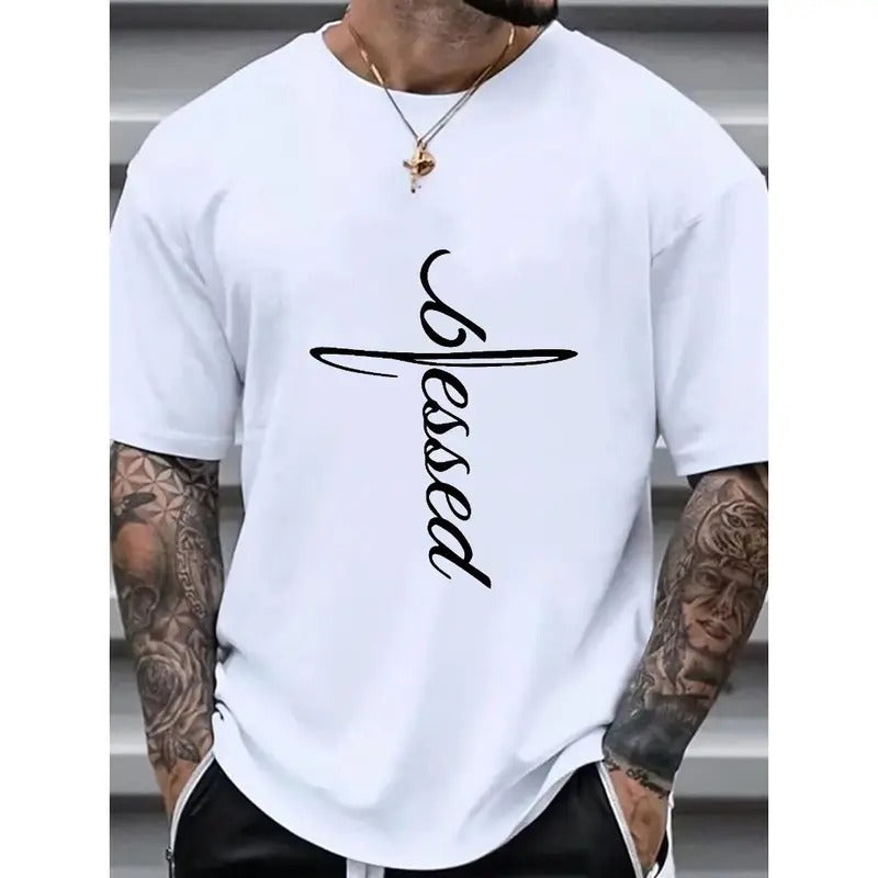 Stylistic T Shirt For Men, Plus Size Men Cross Shaped "Blessed" Letter Graphic Print T Shirt, Summer Trendy Short-sleeve Tees Tops For Big & Tall Guys Made in USA