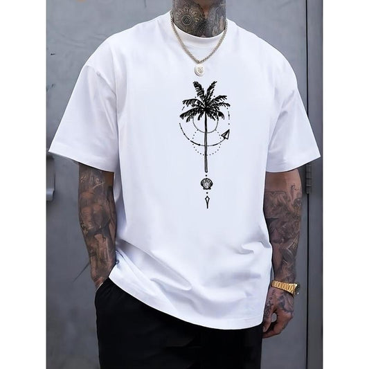 Summer Essential: Men's Crew Neck Short Sleeve Coconut Tree Graphic Print Tees, Comfortable Versatile Top for Outdoor Sports & Leisure Vacation Made in USA