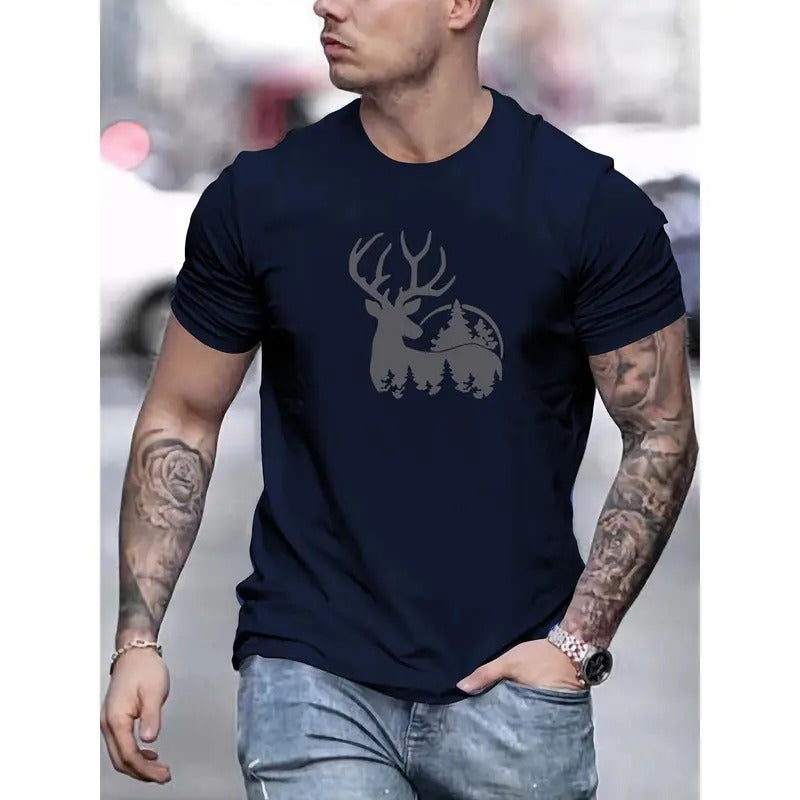 Summer Essential: Men's Slim Fit Short-sleeve Deer Print T-shirt, Casual Lightweight Round Neck Top for Comfortable Wear Made in USA