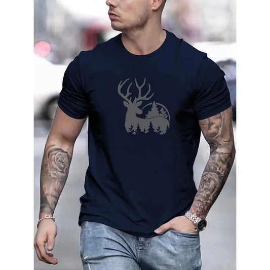 Summer Essential: Men's Slim Fit Short-sleeve Deer Print T-shirt, Casual Lightweight Round Neck Top for Comfortable Wear Made in USA