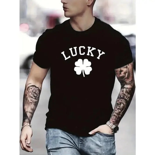 Summer-Ready LUCKY Shamrock Print T-Shirt: Cool, Comfy Casual Men's Top with Crew Neck for Outdoor Fun & Style Made in USA