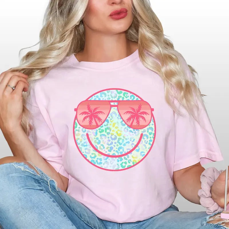 Summer Smile Face Shirt, Happy Face Summer Graphic Printed Tee, Feral Girl Summer Unhinged Shirt, Feral Human T-shirt, Beach Vibes Tee, Summer Vibes  Comfy Fabric Graphic Tee, Women's Tops, Womenswear, Cotton Fabric Relaxed Fit Chic Style