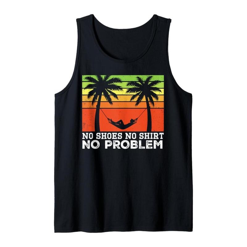 [Summer Vibes] Men's Cotton Sleeveless Tank Top with Beach Palm Trees Graphic Print - "No Shoes No Shirt No Problem" Design, Casual Round Neck Summer Tee for Outdoor Relaxation, Beach Tank Top | Casual Sleeveless Shirt | Machine Washable Top