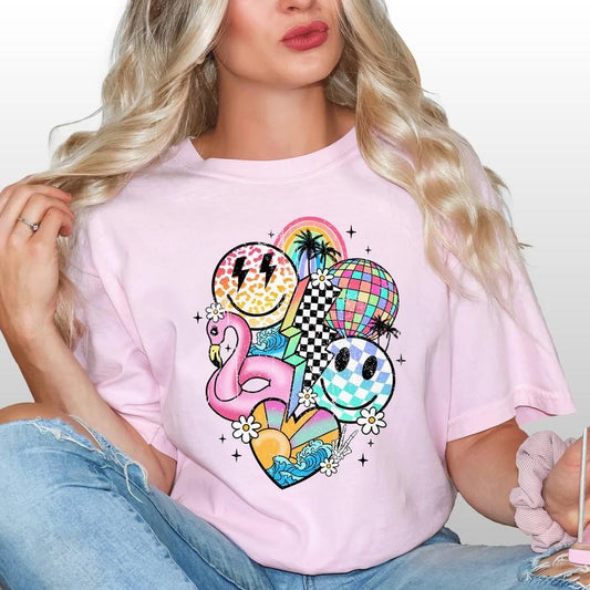 Summer Vibes Graphic Shirt, Vintage Hello Summer Tshirt, Retro Summer Tee, Smile Face Tee, Summer Vibes Tops For Women, Tropical Summer Outfits, Colorful Beach Shirt, Comfort Cotton Womenswear, Oversized Graphic Tee, Cotton Fabric Relaxed Fit Chic Style