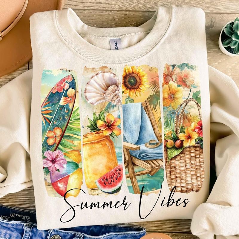 Summer Vibes Sweatshirt Retro Beach Scene Graphic Pullover Cozy Summer Crewneck for Women