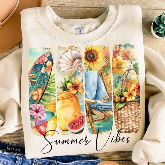 Summer Vibes Sweatshirt Retro Beach Scene Graphic Pullover Cozy Summer Crewneck for Women T-Shirts, Hoodie | WearSparks.com