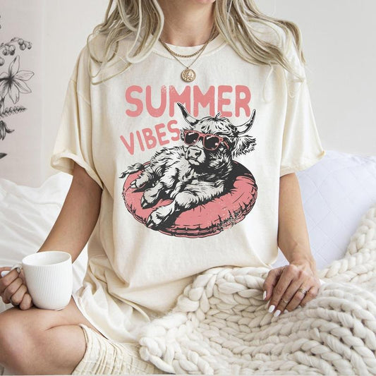 Summer Vibes, Beach, Highland Cow, Farm, Cow, Funny Tshirt Comfort Colors T-Shirt, Women's Comfort Colors Tee