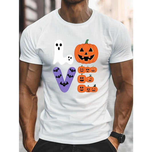 Summer knitted fabric adult Halloween themed men's T-shirt with pumpkin, bat and heart print, polyester crew-neck short-sleeved casual top, slightly elastic Made in USA