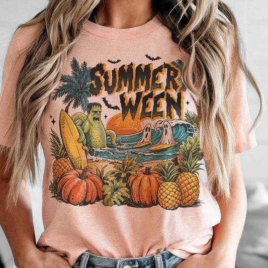 Summerween Frankenstein Tropical Graphic Tee Surfing Ghost Beach Fall Summerween Tshirt Pumpkins and Pineapple Womens Casual Top